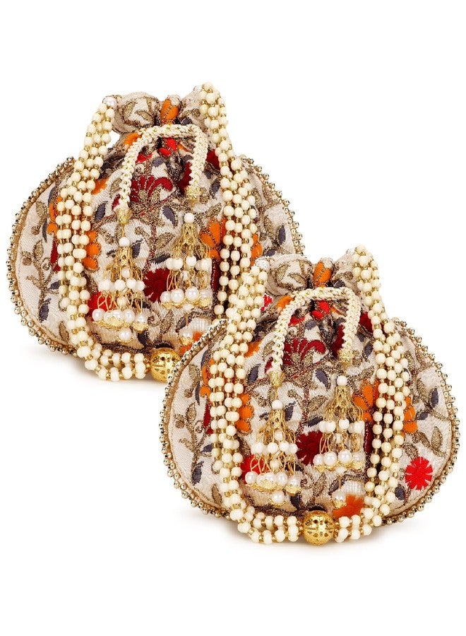 Anekaant Dangle Cream & Multi Floral Embroidered Faux Silk Potlis Combo (Pack of 2) ADCL1134AS2 - Image 1